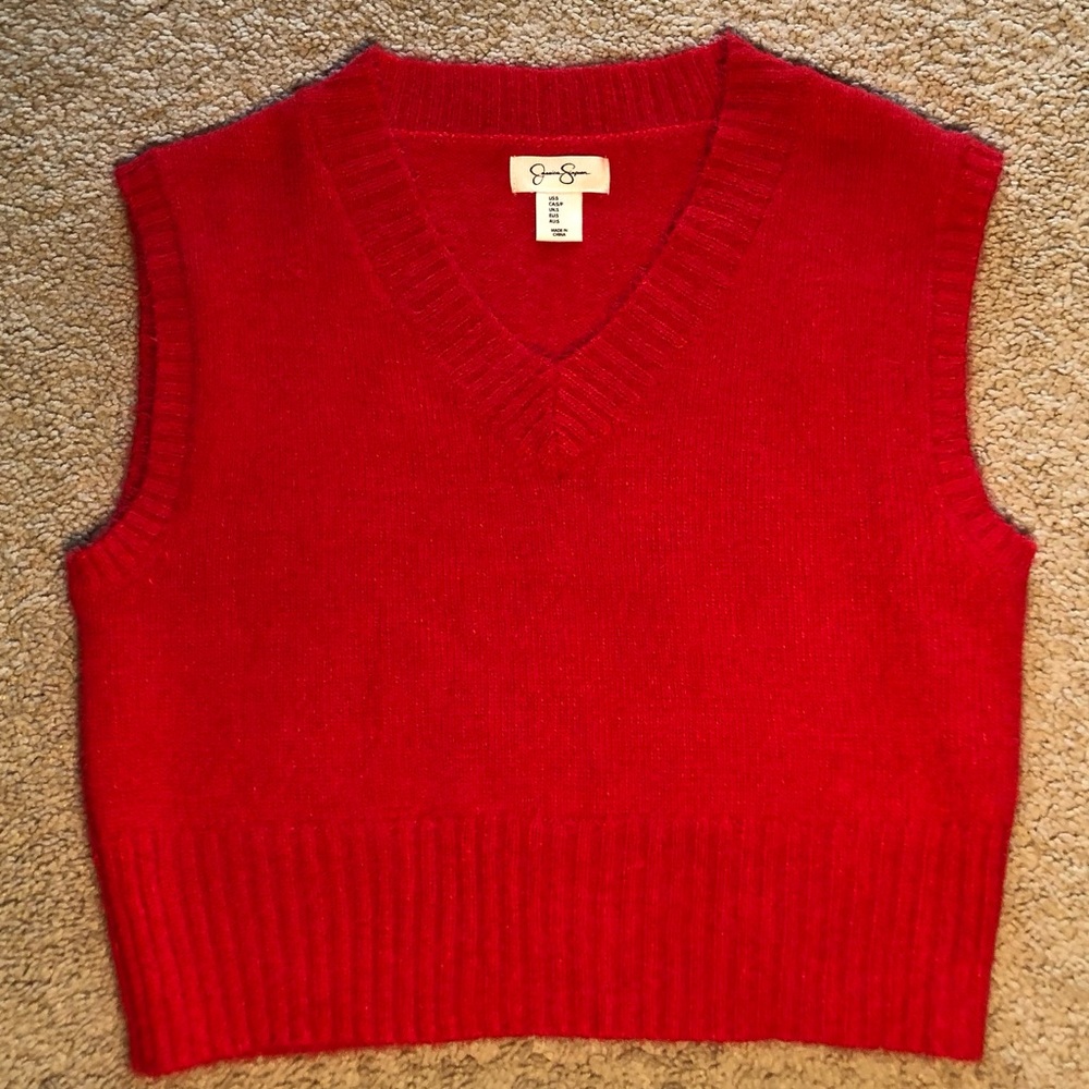 Jessica Simpson Red V-Neck Fuzzy Crop Knit Sweater Vest - Y2K Vintage Aesthetic